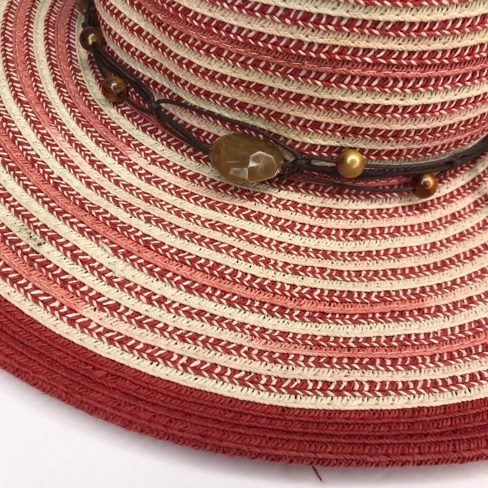 SUN N SAND Red Woven Beach Hat With Beaded Trim